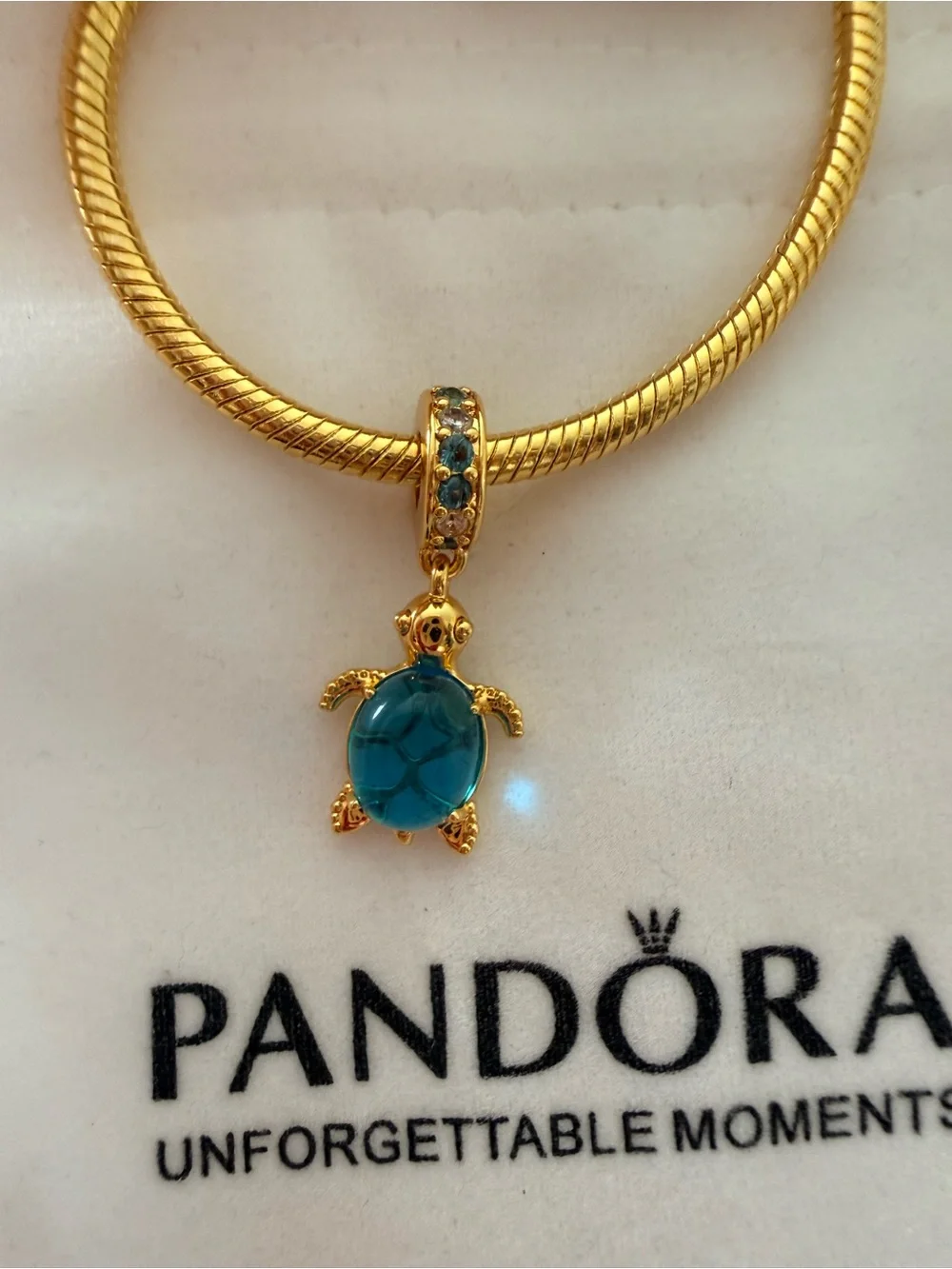 Pandora Gold Turtle Charm with Teal Stones